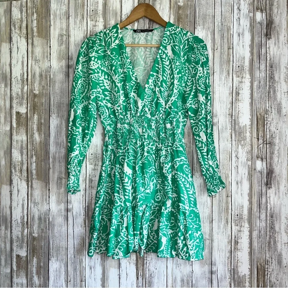 Zara Green White Linen Blend Mini Dress Printed Long Sleeve V Neck Flowy Size S - Picture 2 of 6